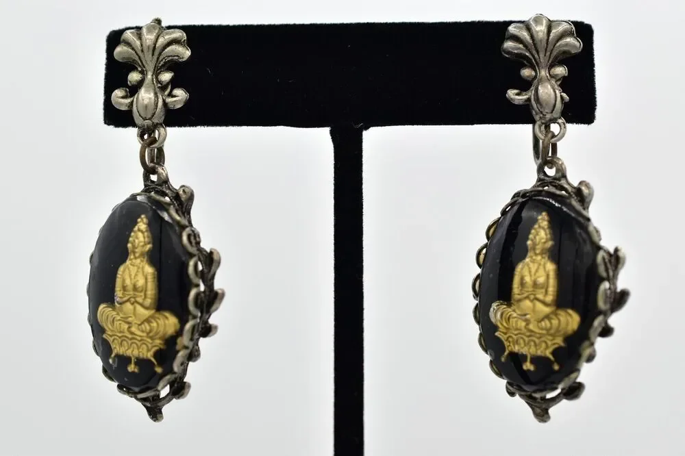 Vintage Buddha Screw Back Earrings Antiqued Silver Glass Gold Dangle 1930s BinBK